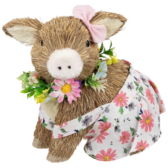 7" Girl Piglet with Floral Dress Spring Figurine